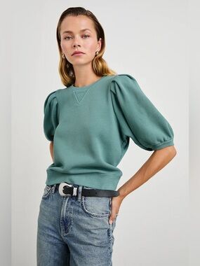 Rails Camy Puff Sleeve Sweatshirt XS Sage Green Short Sleeve Pullover Top